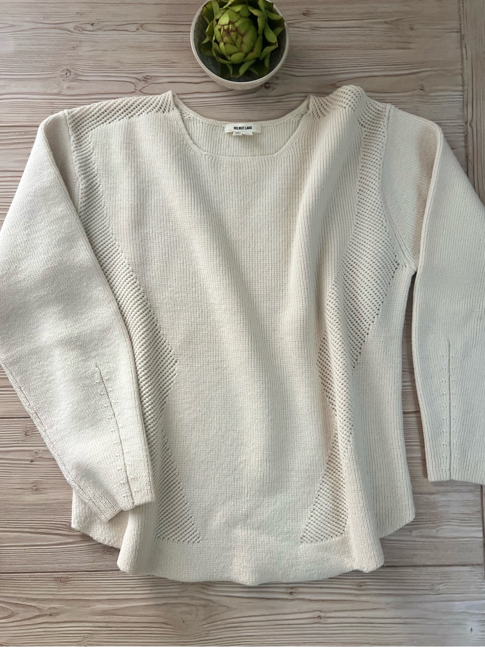 Helmut Lang Ivory Merino Wool Open Knit Sweater M